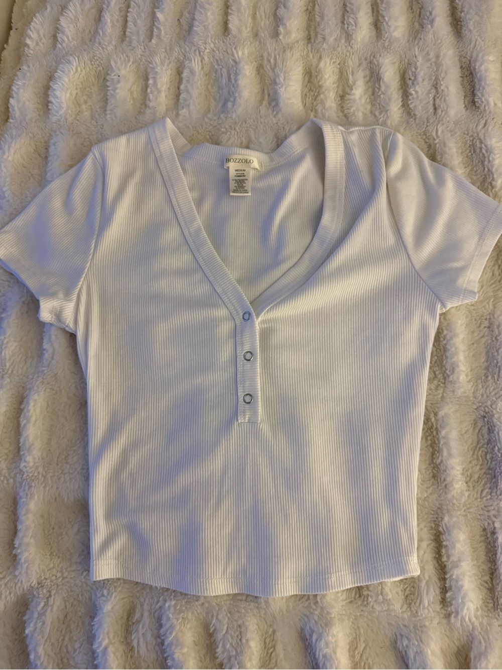 Bozzolo White Ribbed Short Sleeve Henley Top